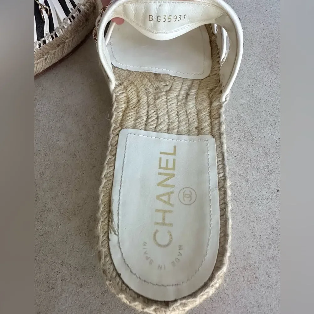 CHANEL Chain Lambskin Espadrille Slip On Sandals  EU 37 US 6-6.5 Black & White